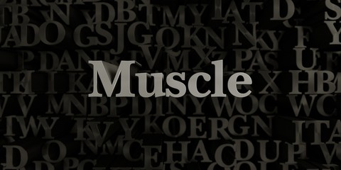 Muscle - Stock image of 3D rendered metallic typeset headline illustration.  Can be used for an online banner ad or a print postcard.