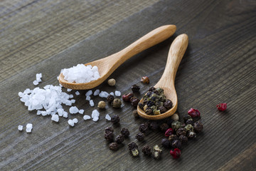 Salt crystals and color pepper on wooden spoons.