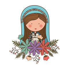 cartoon virgin mary woman smiling and wearing blue mantle and decorative colorful flowers ornament over white background. vector illustration