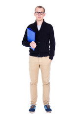 young handsome man student or office worker standing isolated on
