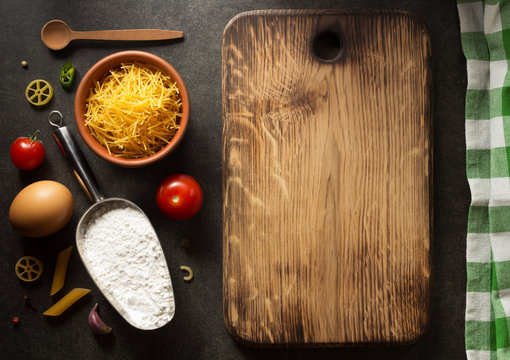 pasta and food ingredient on table