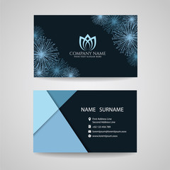 Fototapeta na wymiar Business card - blue dandelion floral frame and logo on dark blue background
