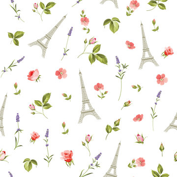 Pattern with red flowers, leaves and eiffel tower. Seamless background for fabric design. Vector illustration.