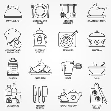 Abstract vector set of line cooking, kitchen tools and food icons