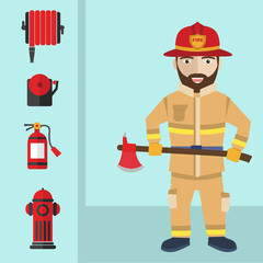 Firefighting and icons set inventory extinguishing fire rescue professional composition.