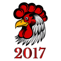 Head of white rooster the New Year 2017. Cartoon style Cock symbol on the Chinese calendar isolated on white.