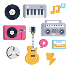 Musical instruments, symbols and objects in flat style.