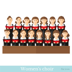 Flat style Women's choir in two raws with black suits and red cover notes isolated on white