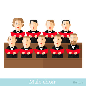 Flat style male choir in two raws with black suits and red cover notes isolated on white