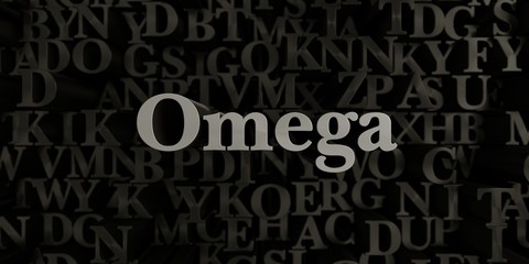 Omega - Stock image of 3D rendered metallic typeset headline illustration.  Can be used for an online banner ad or a print postcard.