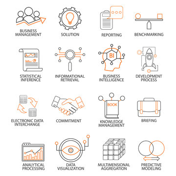Icons related to support business management, strategy, career progress and business process. Mono line pictograms and infographics design elements