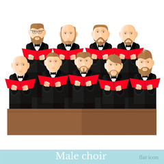 Flat style male choir in two raws with black suits and red cover notes isolated on white background