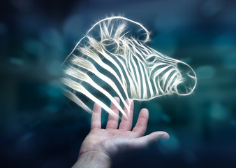 Person holding fractal endangered zebra illustration 3D renderin