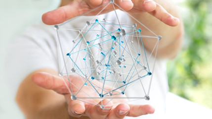 Businessman holding abstract connection interface 3D rendering