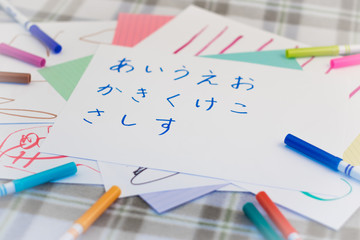 Japanese; Kids Writing Japanese Alphabet Character for Practice