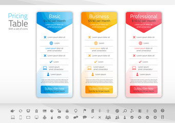 Obraz premium Light pricing table with 3 options in blue, yellow and red color scheme. Icon set included