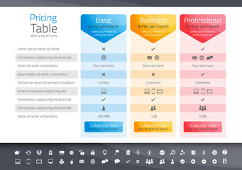 Light pricing table with 3 options. Icon set included