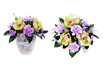Colorful floral bouquet of roses,cloves and orchids isolated on white background.