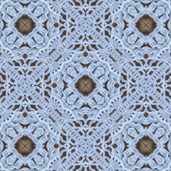 Cotton white crochet background, backdrop for scrapbook, top view. Collage mirror reflection. Seamless kaleidoscope montage for cushion, blanket, pillow, plaid, tablecloth, cloth, bed cloth