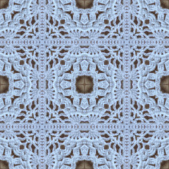 Cotton white crochet background, backdrop for scrapbook, top view. Collage mirror reflection. Seamless kaleidoscope montage for cushion, blanket, pillow, plaid, tablecloth, cloth, bed cloth