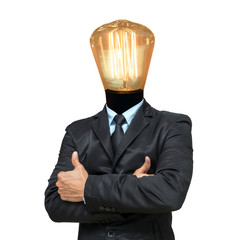 Businessman with lamp over the head on white background, include