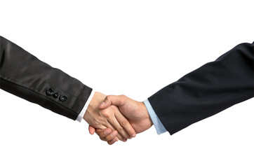 Hand shake between a businessman and a businesswoman on white ba