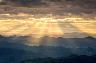 Ray of light landscape, View of mountains with ray of morning gold light.