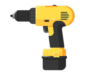 Battery screwdriver isolated on white background vector illustration. Drill in flat design. Electric hand tools for carpentry and home renovation. DIY. Construction power equipment.