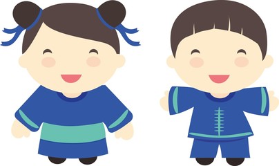Cute little china couple: boy and girl in blue costume