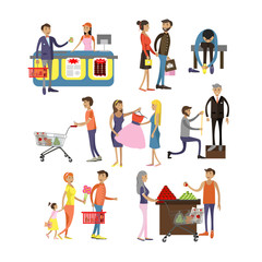 Fototapeta premium Vector set of cartoon characters isolated on white background. People shopping in mall