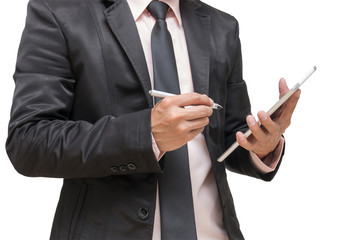 Businessman using the tablet on white background