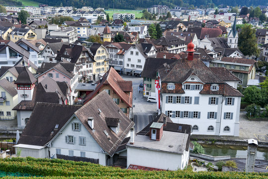 Overview on the central square of Sarnen on the Swiss Alps