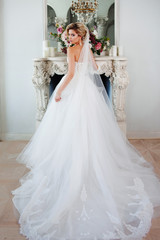 Fototapeta na wymiar Charming young bride in luxurious wedding dress. Pretty girl, photo Studio