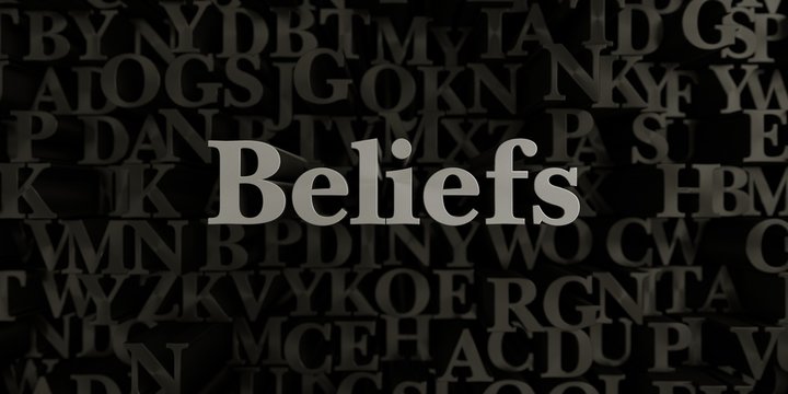 Beliefs - Stock image of 3D rendered metallic typeset headline illustration.  Can be used for an online banner ad or a print postcard.