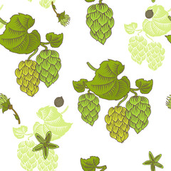 Seamless pattern with the branch of green hop cones in a woodcut style.