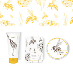 Vector packing concept with honeycomb, bee and honey dipper.