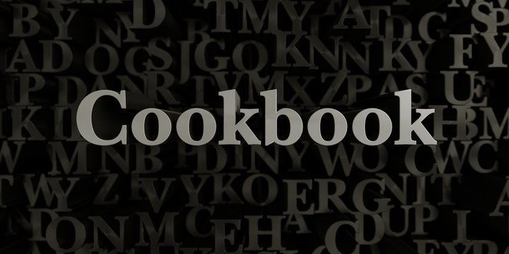 Cookbook - Stock image of 3D rendered metallic typeset headline illustration.  Can be used for an online banner ad or a print postcard.