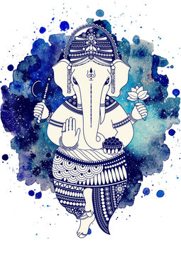 Ganesha, or Ganapati, Indian deity in the Hindu. On watercolor paint background. Vector illustration for design of prints, web, festive, Chaturthi invitations.