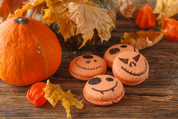 Group of Halloween mini pumpkin shaped pies, overhead scene on r