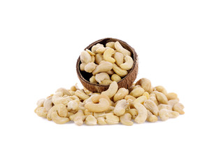 Cashews in wooden bowl  isolated on white background