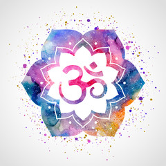 Om sign in lotus flower. Rainbow watercolor texture and splash . Vector isolated. Spiritual Buddhist, Hindu symbol