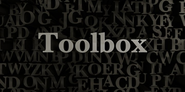 Toolbox - Stock image of 3D rendered metallic typeset headline illustration.  Can be used for an online banner ad or a print postcard.