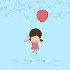 Girl with birthday cupcake background, drawing by hand vector