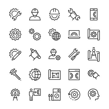 Engineering and manufacturing icon set in thin line style. Vector symbols.