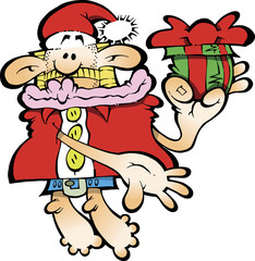 Silly Santa Claus holding a gift with a red bow