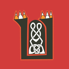 Ornamental celtic initial letter U with animal paws