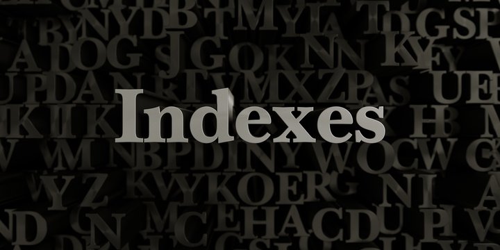Indexes - Stock image of 3D rendered metallic typeset headline illustration.  Can be used for an online banner ad or a print postcard.