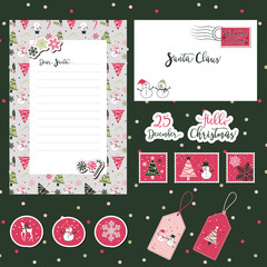 A set of Merry Christmas Santa cute letter, envelope templates and stickers with text, snowman, reindeer, tree, snowflakes in green, pink, with green background for Christmas gift, scrapbook.