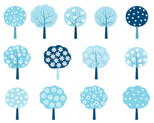 Vector winter trees set in blue and white colors
