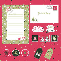 A set of Merry Christmas Santa cute letter, envelope templates and stickers with text, snowman, reindeer, tree, snowflakes in green, pink, with pink background for Christmas gift, scrapbook.